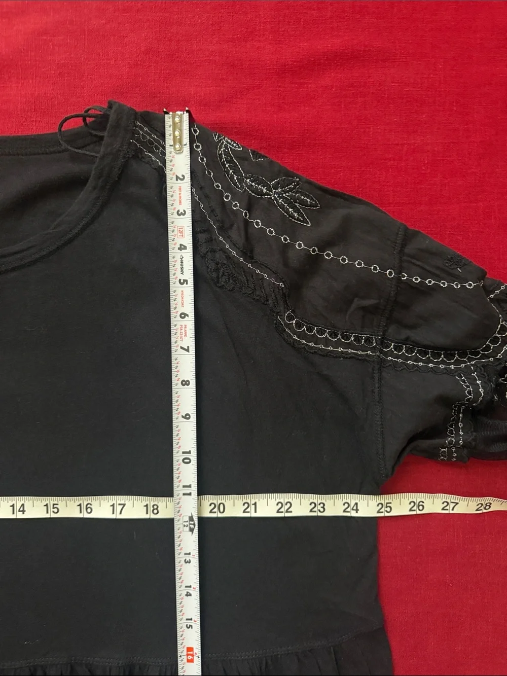Free People Sz L Black Penny Peplum Long-Sleeve Top with Embroidered Sleeves